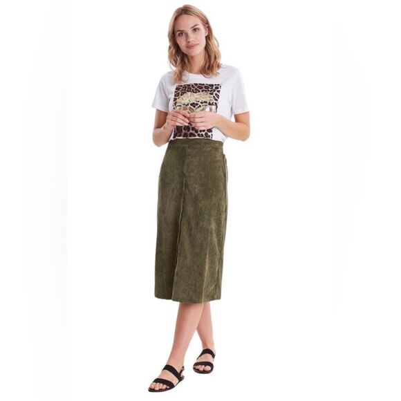 Velvet Olive Green High Waisted MIDI Skirt - Picture 1 of 16